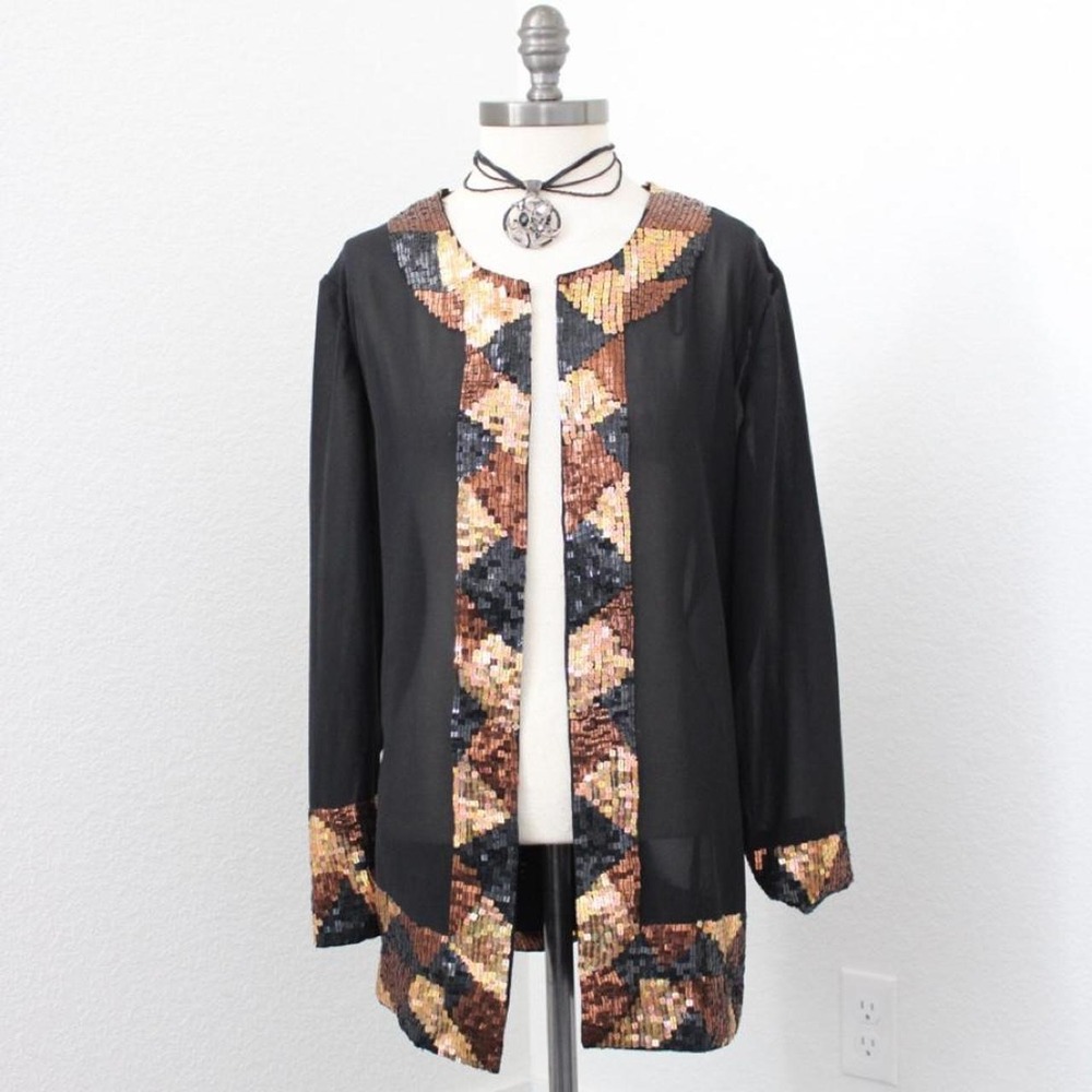 Midnight Velvet Y2k whimsygoth black sheer sequin duster cardigan womens size XL